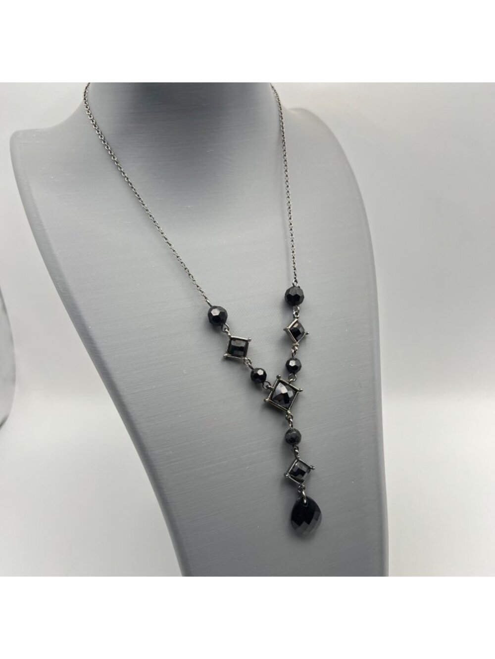 Signed RMN Roman Black Y-Necklace Geometric Beads Teardrop Pendant 16-18" Goth